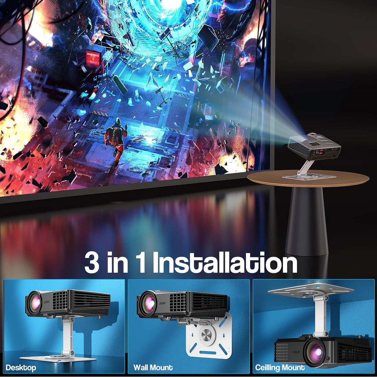 3-in-1 1/4-Inch 360-degree Projector Stand with Cable Ties Desk, Wall and Ceiling Mount with Thread, Foldable, Height