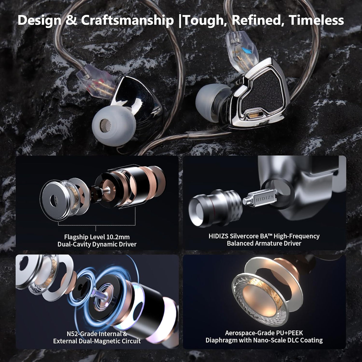 MS2 PRO in-Ear Monitor, 10.2mm Dual-Magnetic Drivers 1DD+1BA Hybird IEMs Wired Earbuds, Zinc Alloy Integrated Molding, Pneumatic Filters for Audiophile Musicians, Detachable 3.5mm OFC Cable
