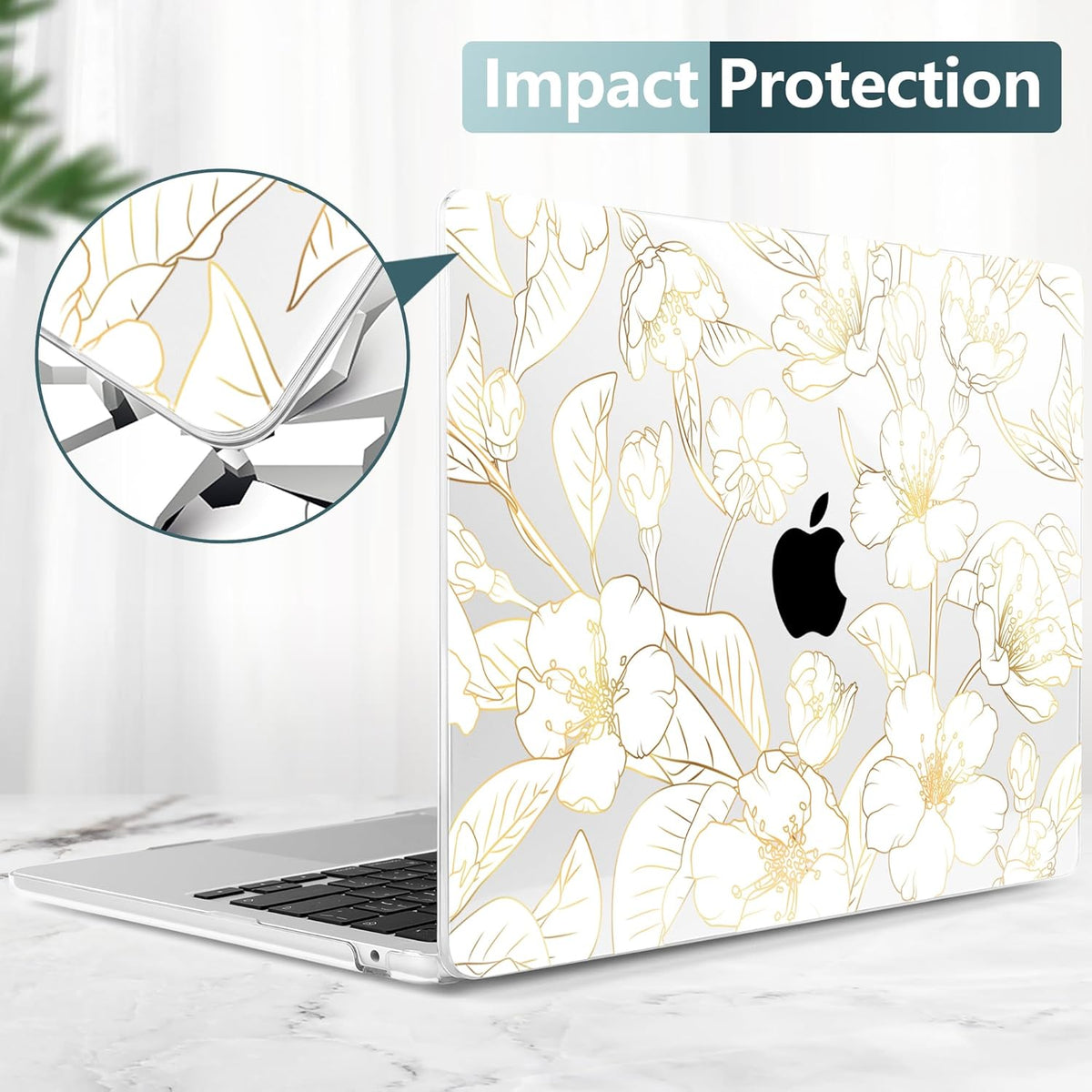 TWOLSKOO Compatible with M4 MacBook Air 15 inch Case 2025-2023 Released Model M4 A3241 M3 A3114 M2 A2941, Plastic Hard Shell & Screen Protector & Keyboard Cover & Type C Adapter, Gold Cherry Blossom