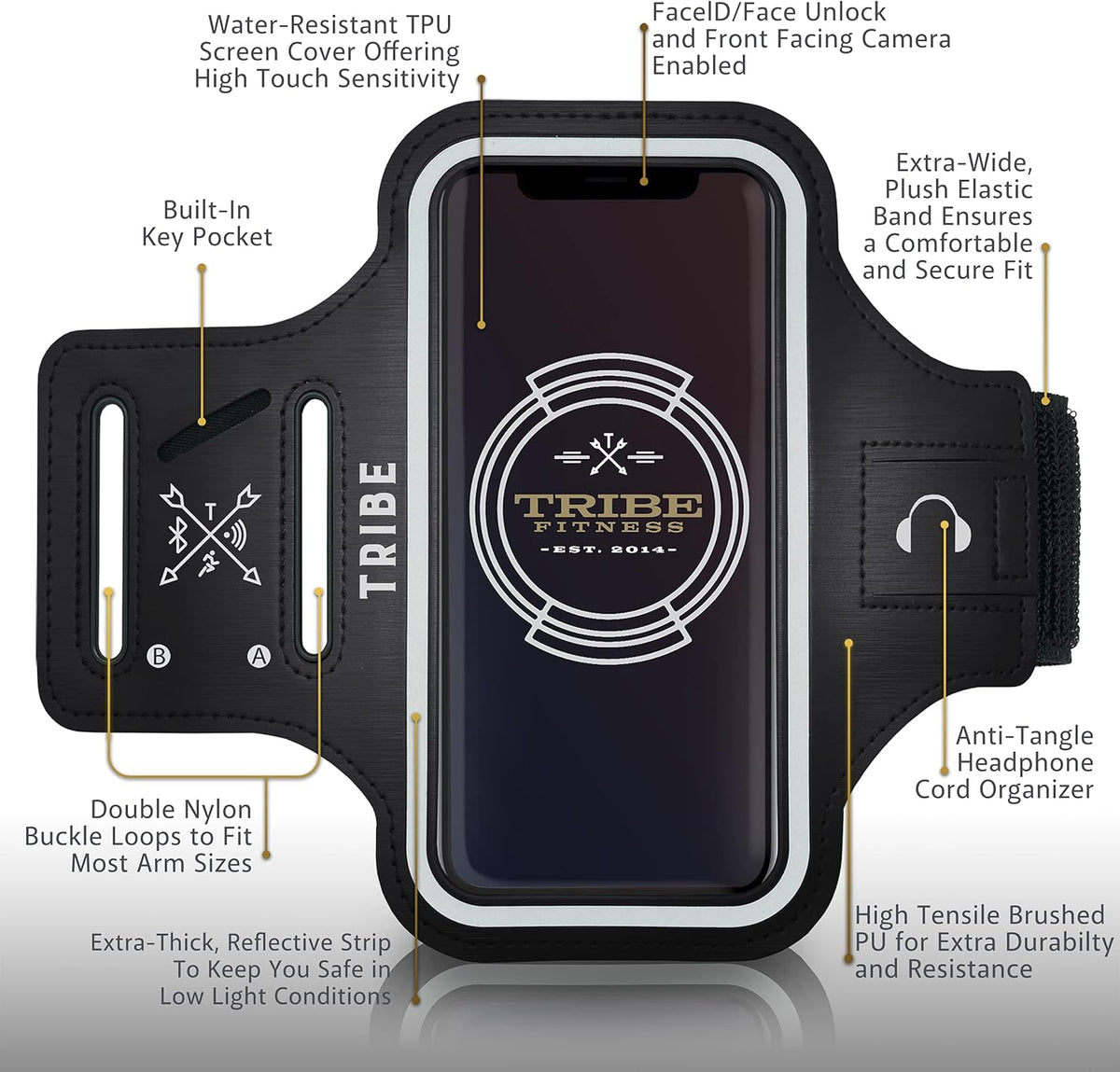 TRIBE Water Resistant Cell Phone Armband Case Running Holder for iPhone Pro Max Plus Mini SE (13/12/11/X/XS/XR/8/7/6/5) Galaxy S Ultra Plus Edge Note (21/20/10/9/8/7/6/5) Adjustable Strap & Key Pocket