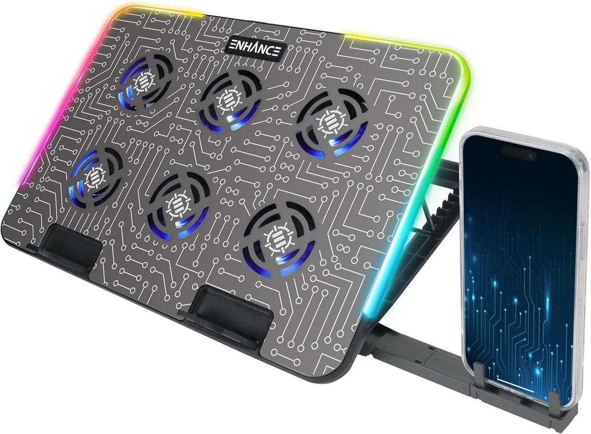 ENHANCE Gaming Voltaic 2 Laptop Cooling Stand - Laptop Cooling Pad with 6 Blue LED Fans, 7 Height Settings, RGB Lighting - Metal Top Cooler Pad with Phone Stand, 2 USB Ports for up to 17 inches