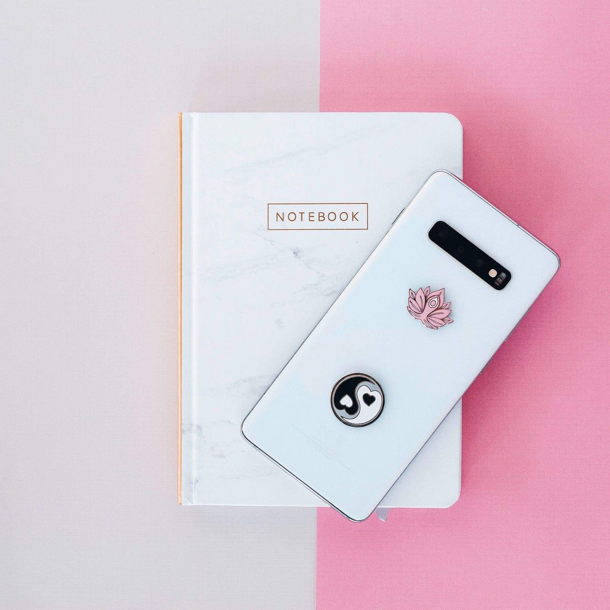 Metal Charm Stickers for Cell Phone Cases. Yin Yang and Pink Lotus Set of 2 Reusable & Removable Leaves No Residue. Symbols of Balance Harmony Love
