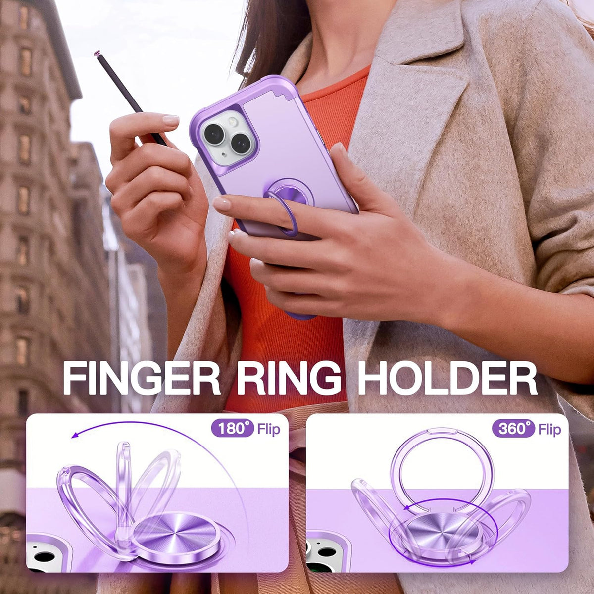 IDweel iPhone 13 Case: Purple 2-in-1 Shockproof Cover with Screen Protector, 360° Ring Holder, & Camera Lens Protector.