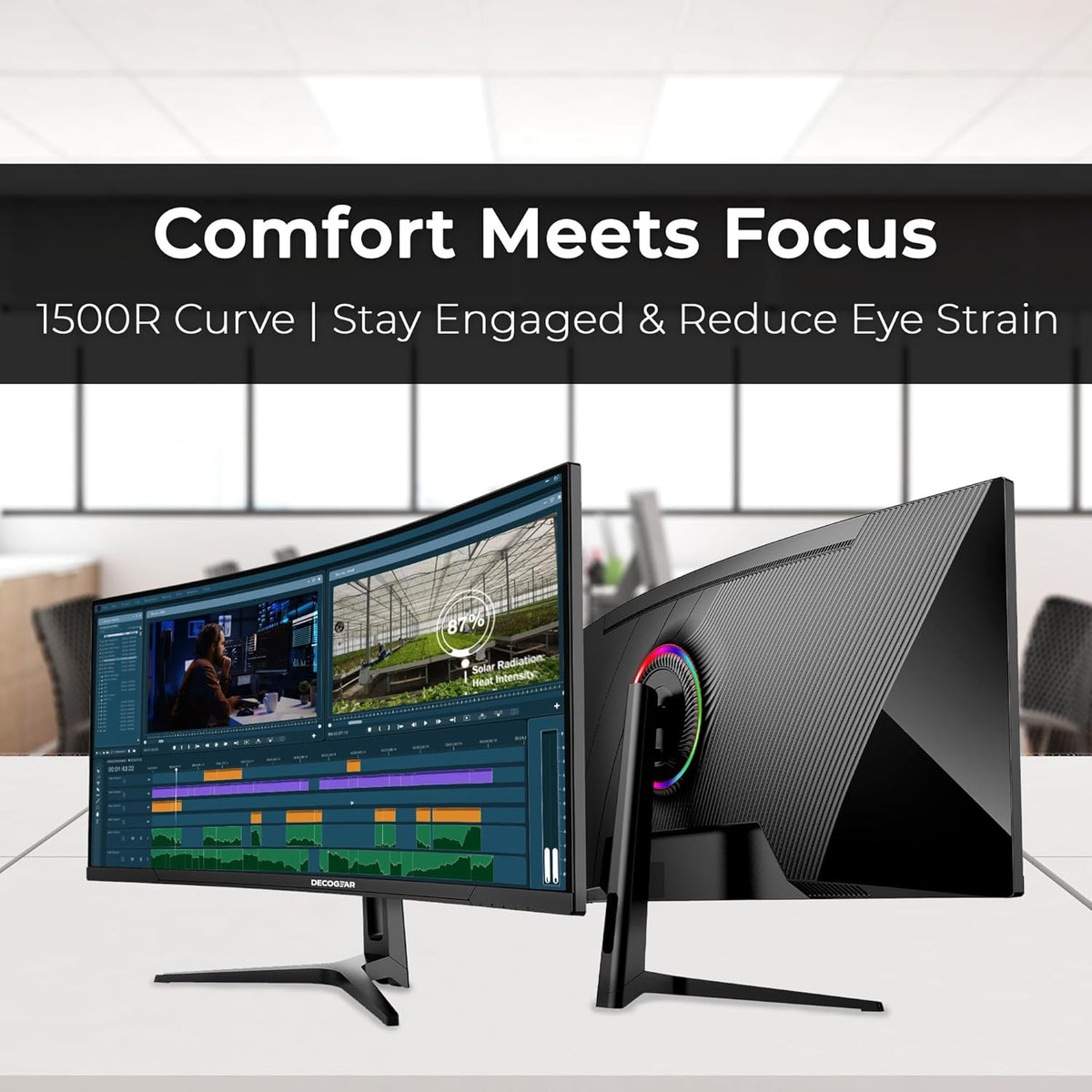 Deco Gear 34” Curved Ultrawide Business Monitor | 3440x1440, 100Hz, 1500R, 99% sRGB | Adjustable Stand, 2 HDMI and 2 DisplayPort | HDR, Low Blue Light, PIP/PBP
