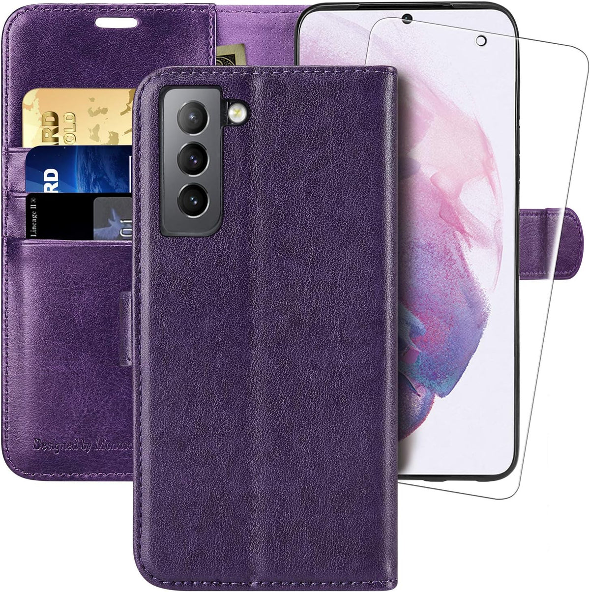 MONASAY Purple Wallet Case for Galaxy S21+ Plus 5G, 6.7" - RFID Blocking, Flip Folio, Credit Card Holder, Screen