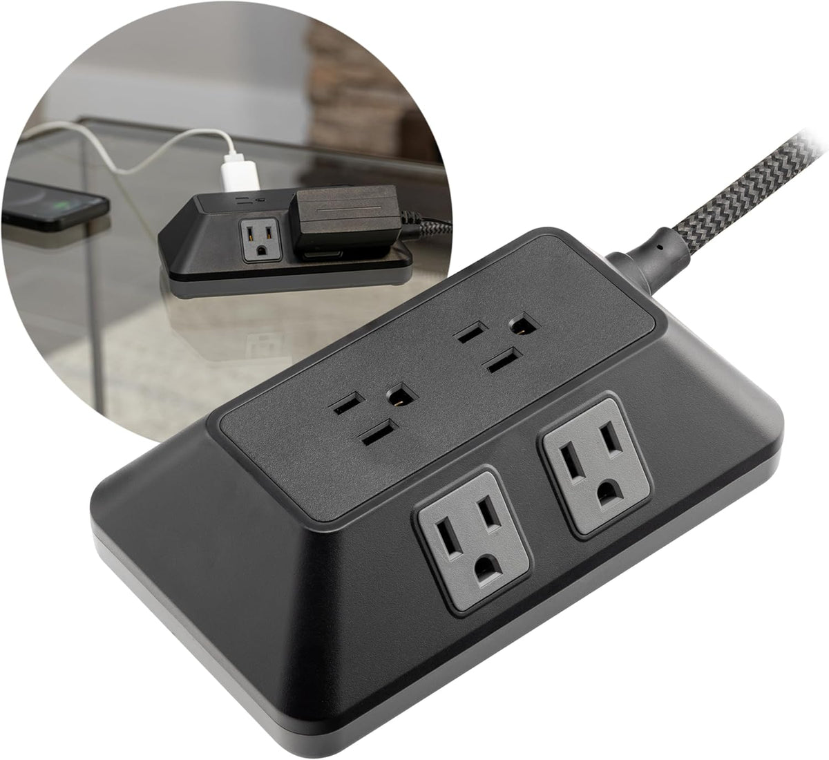 GE 6-Outlet Surge Protector, 6 Ft Braided Extension Cord Power Strip, Flat Plug, Adapter Spaced for Home, School, Office