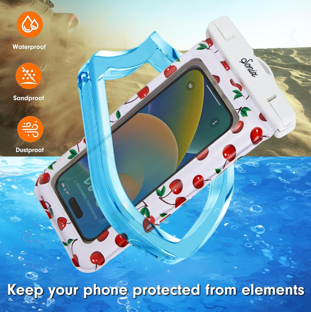 Sonix Waterproof Phone Pouch - Floating Phone Case Dry Bag w/Crossbody Lanyard - Beach Cruise Travel Essentials - Compatible w/All Devices, Touchscreen Friendly | Cherry on Top