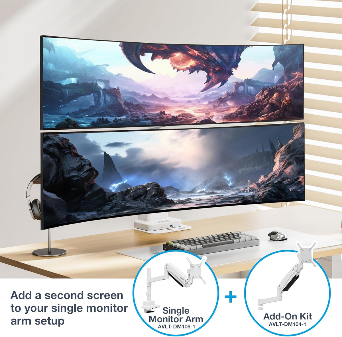 AVLT Single 57 Inch Heavy Duty Monitor Arm Add-On Kit for Pole Top Mount-White, Fits 1.38" Pole, for Super Ultrawide Screen, Supports 59.5lbs (27kg), VESA Compatible, Workspace Upgrade Extension Arm