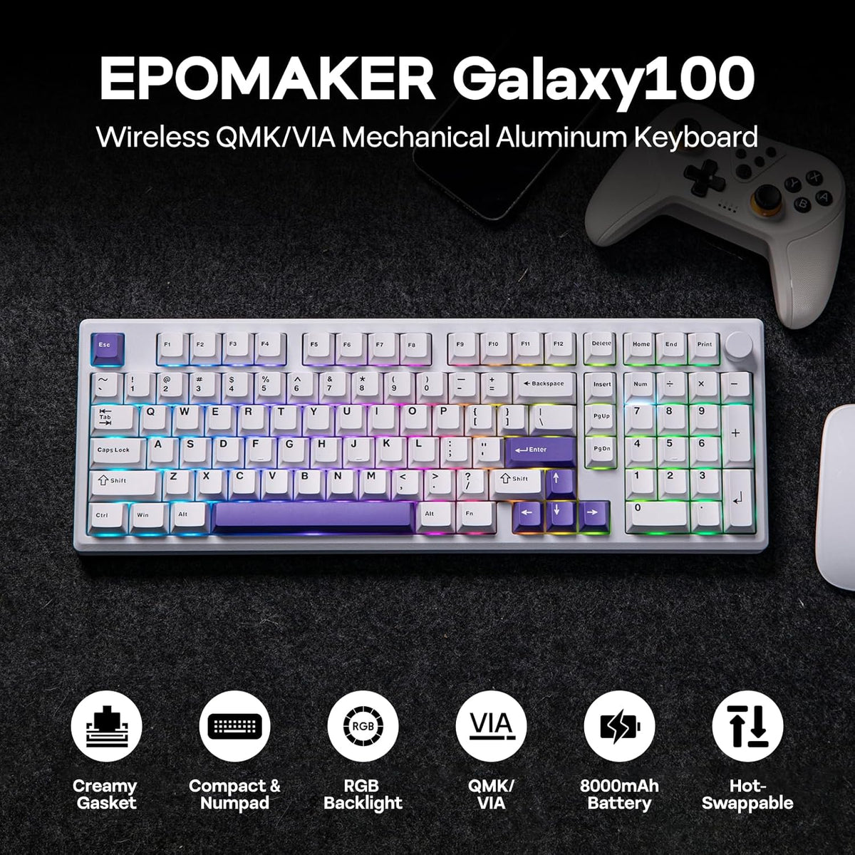 EPOMAKER Galaxy100 QMK/VIA Wireless Mechanical Keyboard with 8000mAh Battery and Numpad, CNC Aluminum, Full Size Gaming Keyboard, USB-C/BT5.0/2.4Ghz (White Purple, Marble White Switch)
