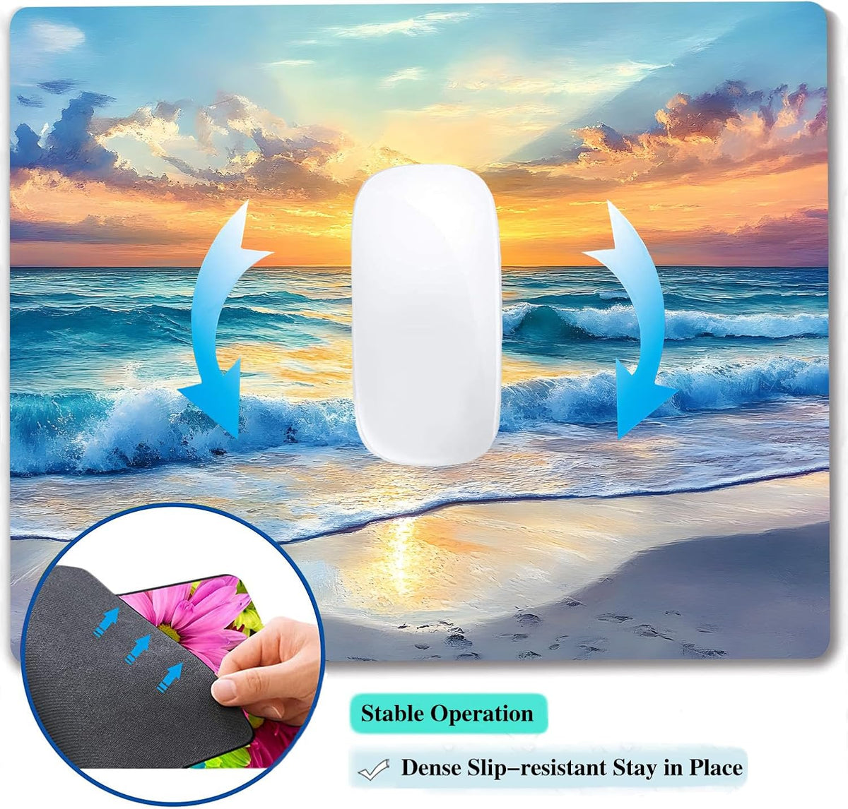 Aesthetic Sunrise Sunset Beach Custom Mouse Pad with Non-Slip Rubber, Small Square Design for Wireless Laptop & Computer Mouse Pads for Desk, 9.5 x 7.9 inch Smooth Surface for Gaming & Office