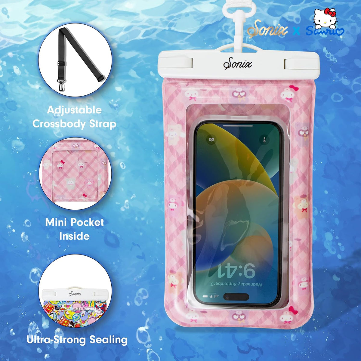 Sonix x Sanrio Waterproof Phone Pouch - Floating Phone Case Dry Bag w/Crossbody Lanyard - Beach Cruise Travel Essentials - Compatible w/All Devices, Touchscreen Friendly | Hello Kitty Latte Bears