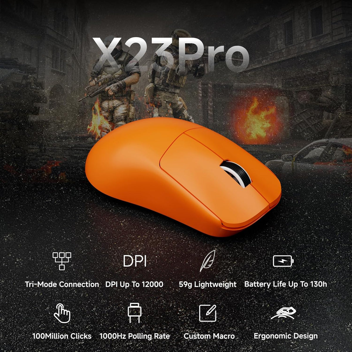 EWEADN X23Pro Wireless Gaming Mouse, 49g Lightweight Mouse, PAW3311 Sensor, 12000 DPI, 2.4G/BT5.0/USB-C Rechargeable Wireless Mouses with 6 Programmable Button, Grip tape, for Laptop/PC/Mac, Orange