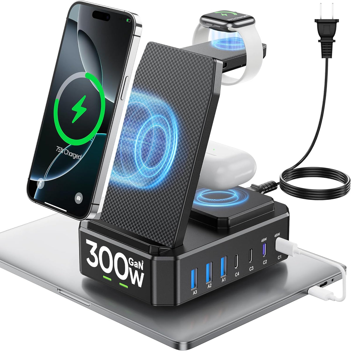 300W Charging Station for Multiple Devices Apple,10 in 1 Wireless Charger for iPhone,GaN III USB C 65W PD Fast Charging Stand Dock for MacBook,iWatch&Airpods (Wireless Charging Only for Apple)