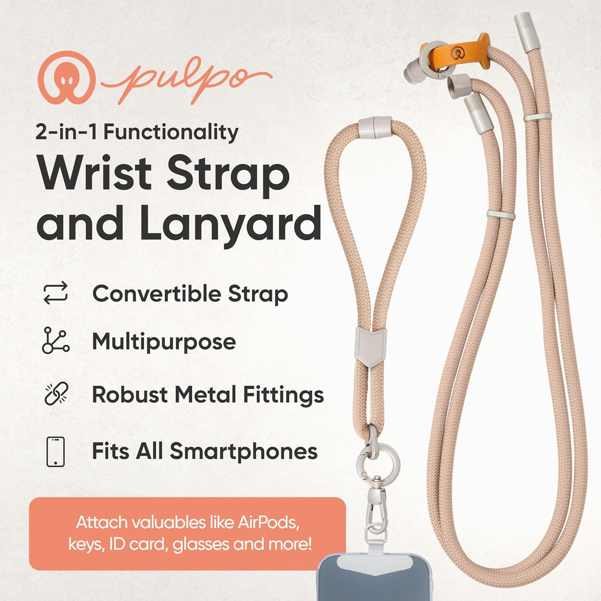 Pulpo 2-in-1 Cell Phone Wrist Strap and Lanyard Dusty Pink - Anti Theft Lanyard for Men & Women, Wrist Straps for Phones, Lanyards for Smartphones, Adjustable Cellphone Leash & Safety Strap Tether