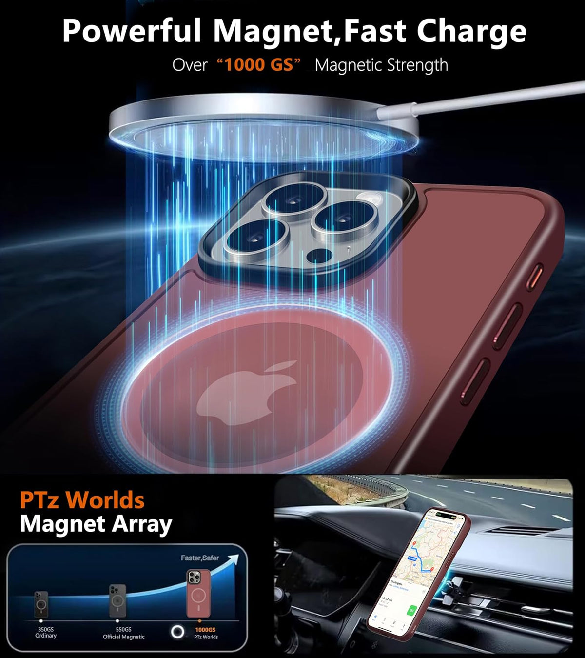 iPhone 15 Pro Max Case - Strong Magnetic Maroon, Military Grade Drop Tested, Compatible with MagSafe, Slim Frosted 6.7"