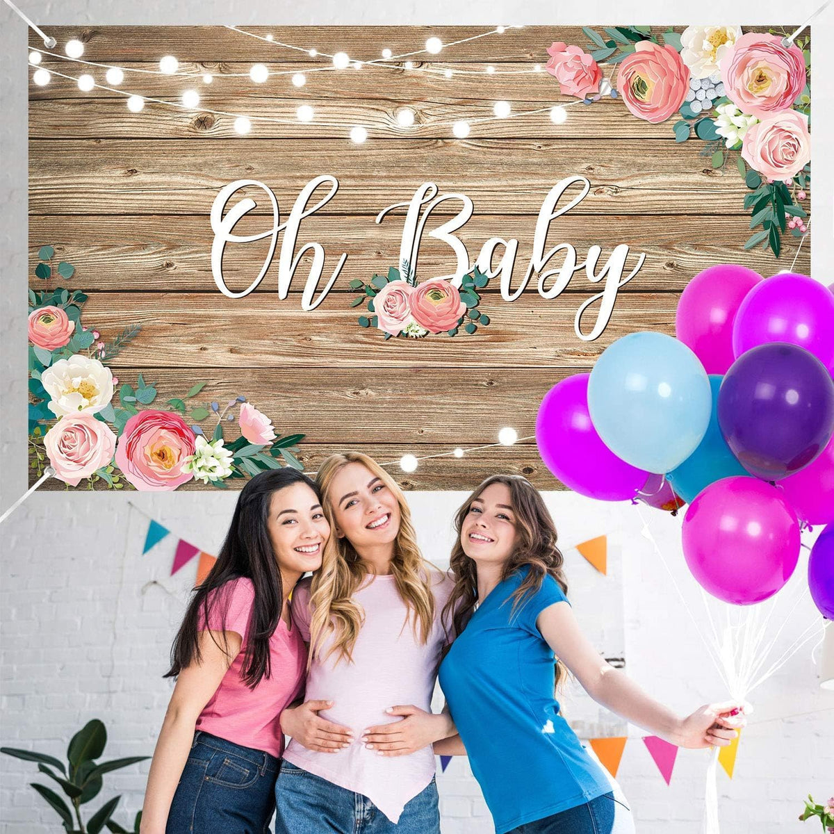 Rustic Wood Baby Shower Backdrop Banner Oh Baby Floral Decorations for Girls and Boys Birthday Party Supplies