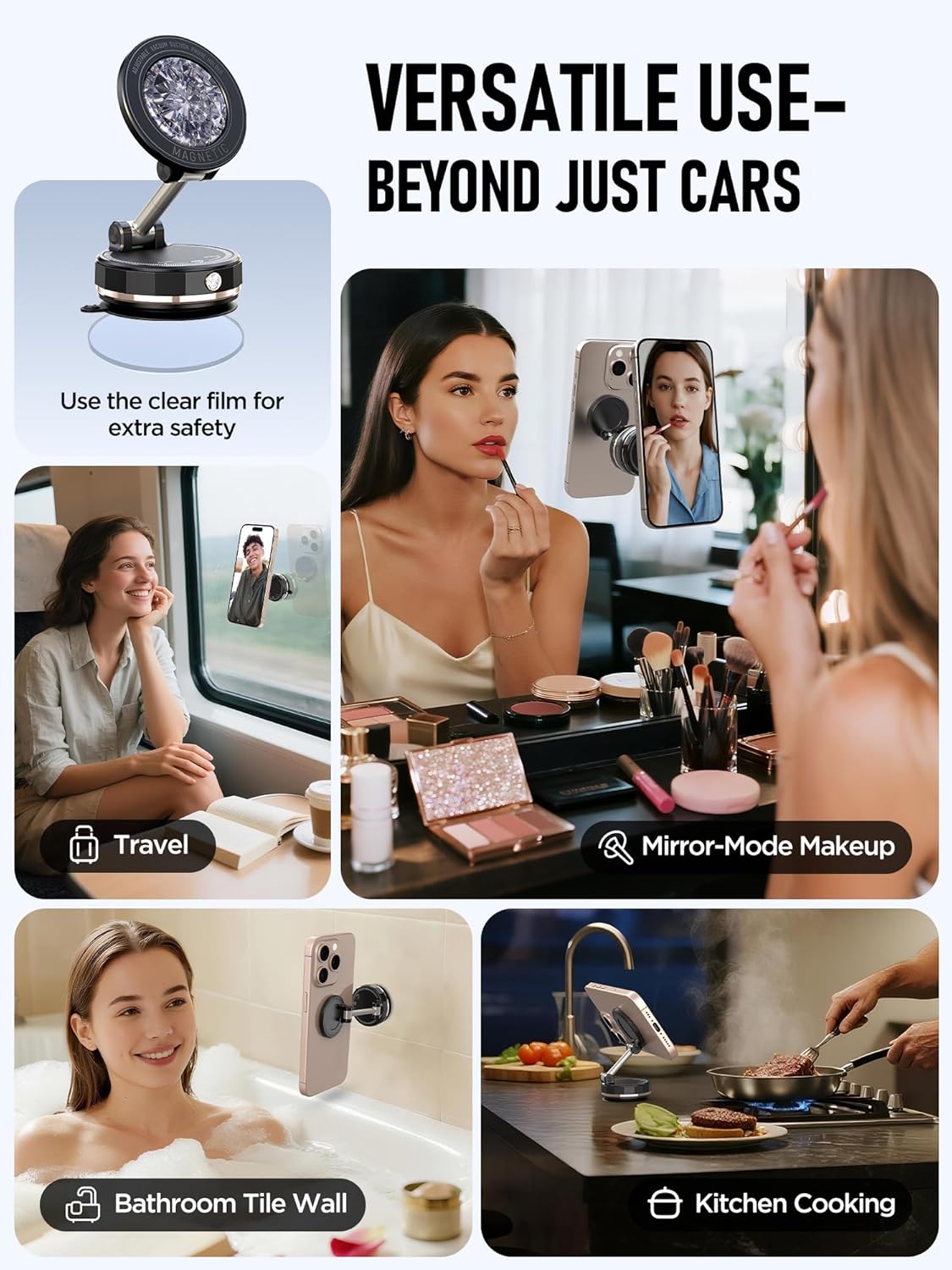 Upgraded Vacuum Magnetic Car Phone Holder for MagSafe[108+LBS Strongest Suction & 3000gf Strongest Magnetic],Suction Cup Phone Mount for Car,Gym,Mirror,Men Women-Obsidian Black