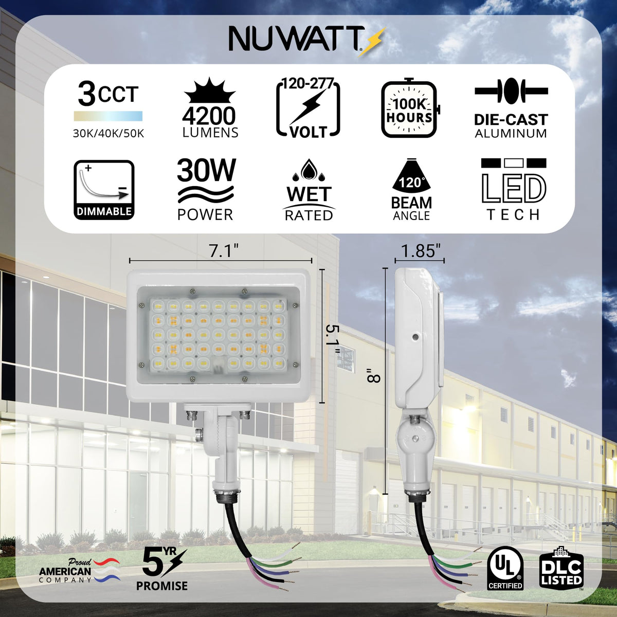 NUWATT 30W LED Flood Light, 3CCT 3000K/4000K/5000K Selectable, IP65 Waterproof Lighting, Adjustable Knuckle Mount, 4200LM, 0-10V Dimmable, 120-277V