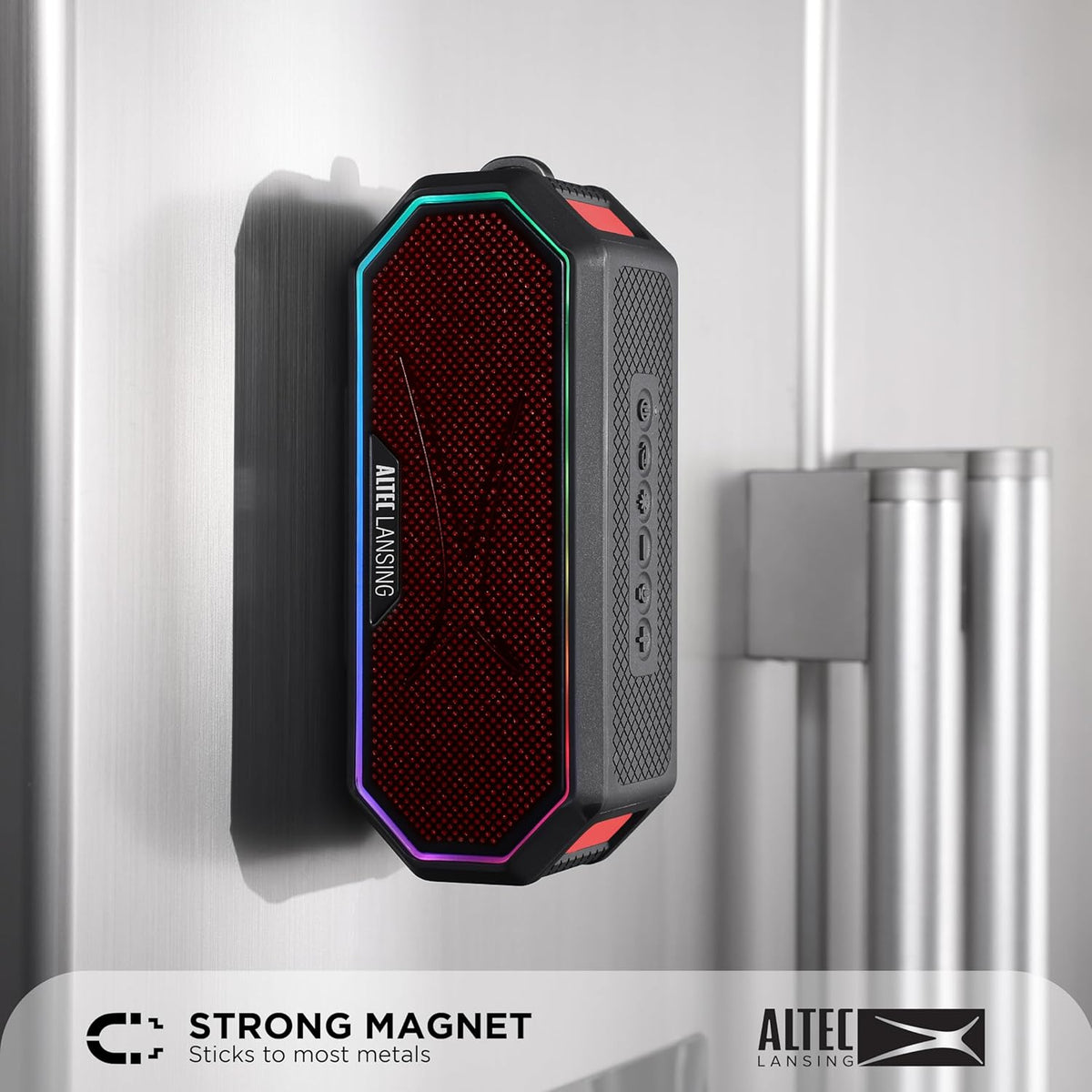 Altec Lansing Magnetic Bluetooth Speaker HYDRAJOLT 2.0, Waterproof IP67, 12W Output Power, 16H Battery, Multicolor LED, 100ft Wireless Range, Voice Assistant, USB-C Quick Charge