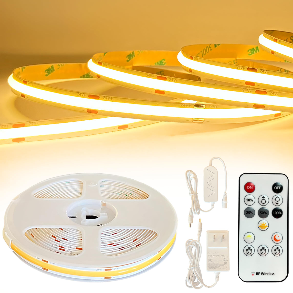 GLOWTRACE COB LED Strip Light Kit - 16.4ft Warm White (3000K), Dimmable with RF Remote, Peel & Stick DIY, Under Cabinet Lighting, LED Lights