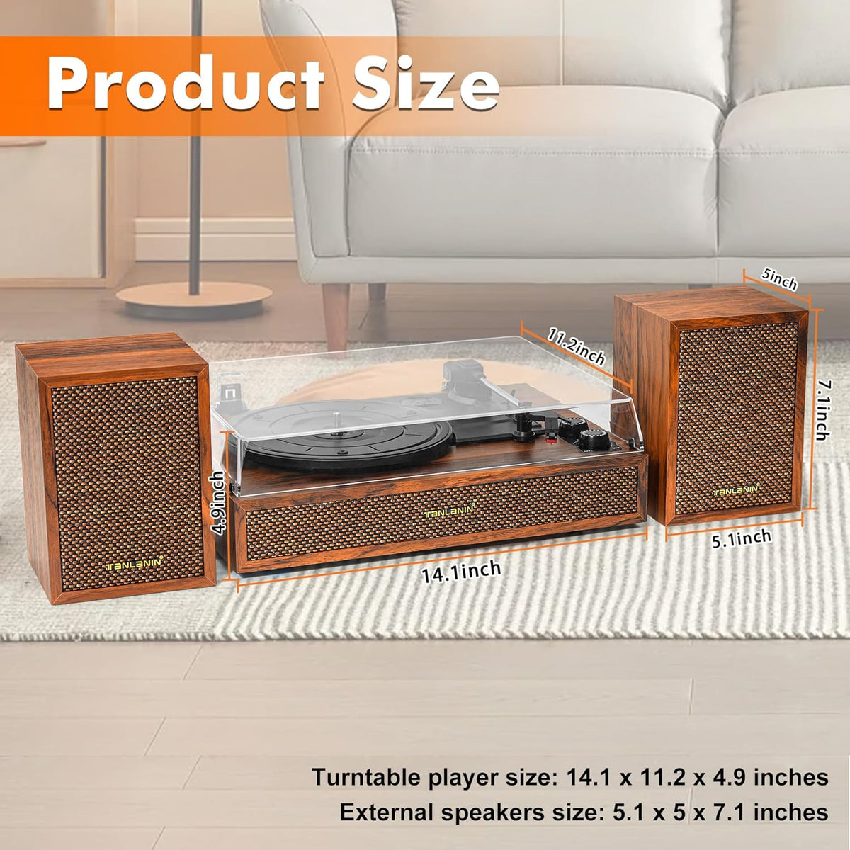 Vinyl Record Player with External Speakers, 3 Speed Vintage Stereo Turntable for Vinyl Records, Bluetooth Input, Auto Stop & Belt Driven System, RCA Out and Aux in - Brown Wood