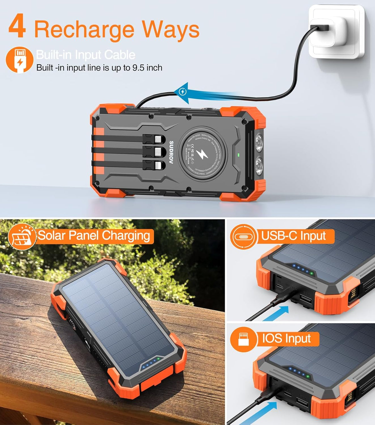 Solar Charger Power Bank, 42,800mAh Wireless Portable Charger with USB-C in/Output, QC3.0 Fast Charging 15W 4 Ports Outdoor Battery Pack Built-in LED Flashlight, for iPhone, Galaxy, iPad etc