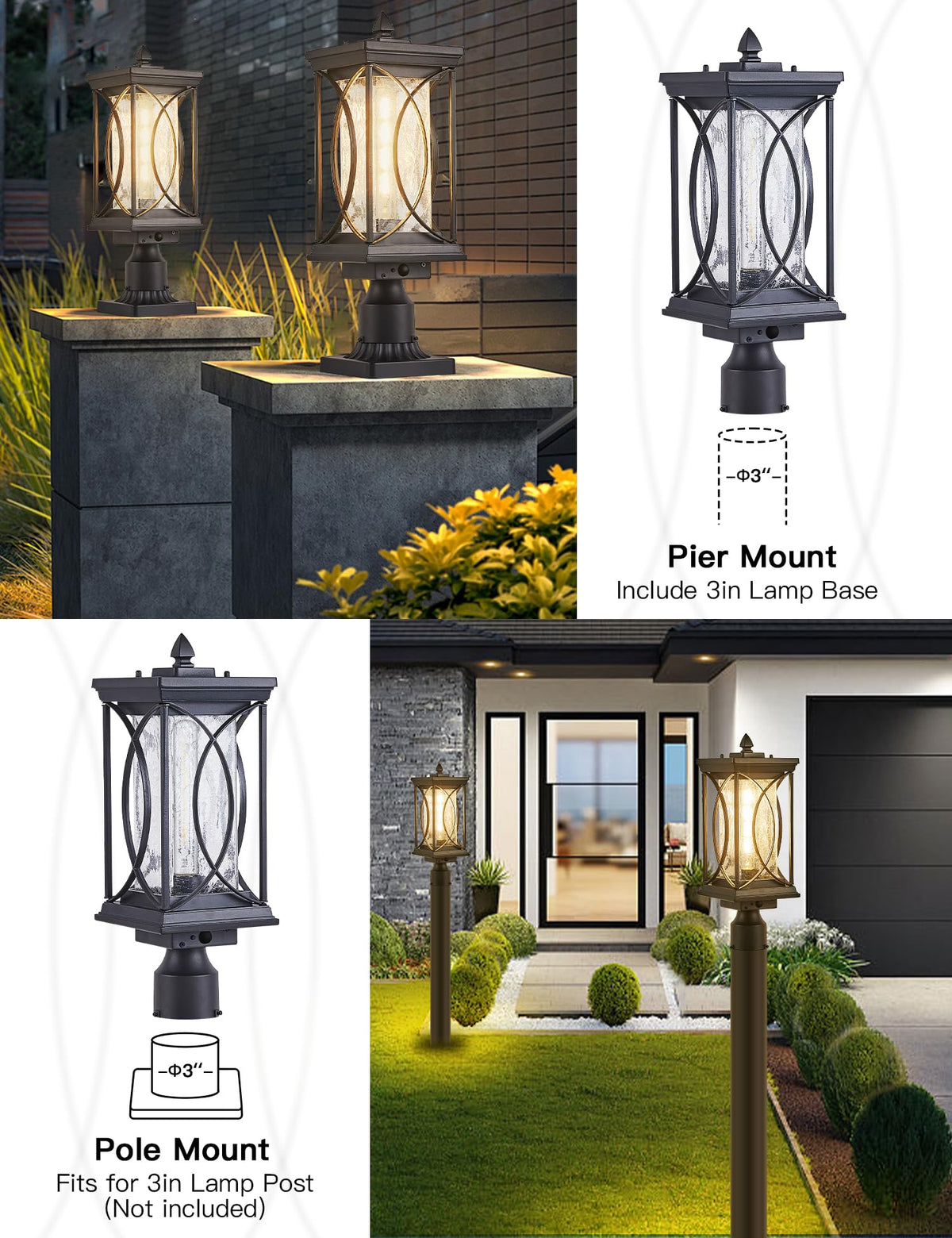 Delicavy Motion Outdoor Post Lantern Dusk to Dawn Pillar Lamp with 3 Inch Pier Mount Adapter, Black Pole Light Aluminum with Crackle Glass Motion
