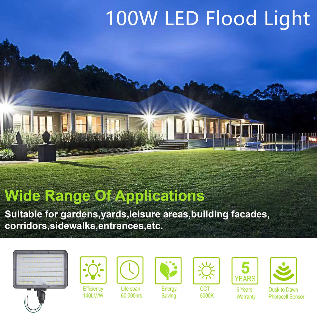Paktonvo 100W LED Flood Light with Knuckle, Outdoor Flood Light Dusk to Dawn Photocell 5000K 14000lm AC100-277V Equivalent 1000W, ETL Waterproof Wall
