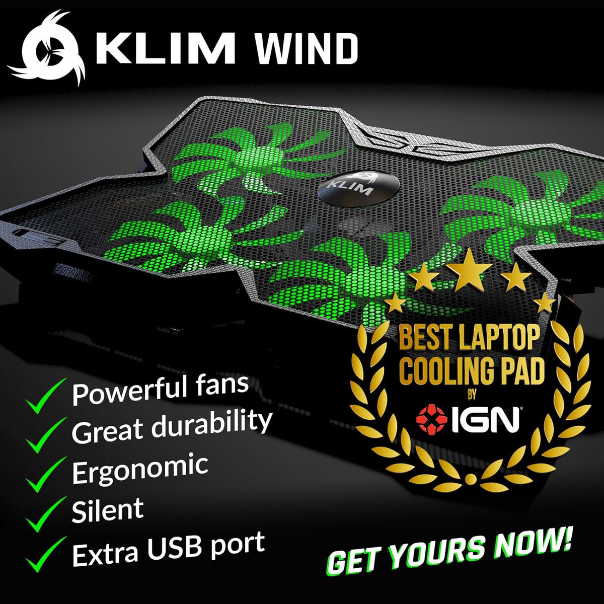 KLIM Wind Laptop Cooling Pad - Support 11 to 17 Inch Laptops, PS4-4 Fans - Light, Quiet, Powerful Cooling - Gamer USB Slim Portable Laptop Stand - New 2021 Version - Green