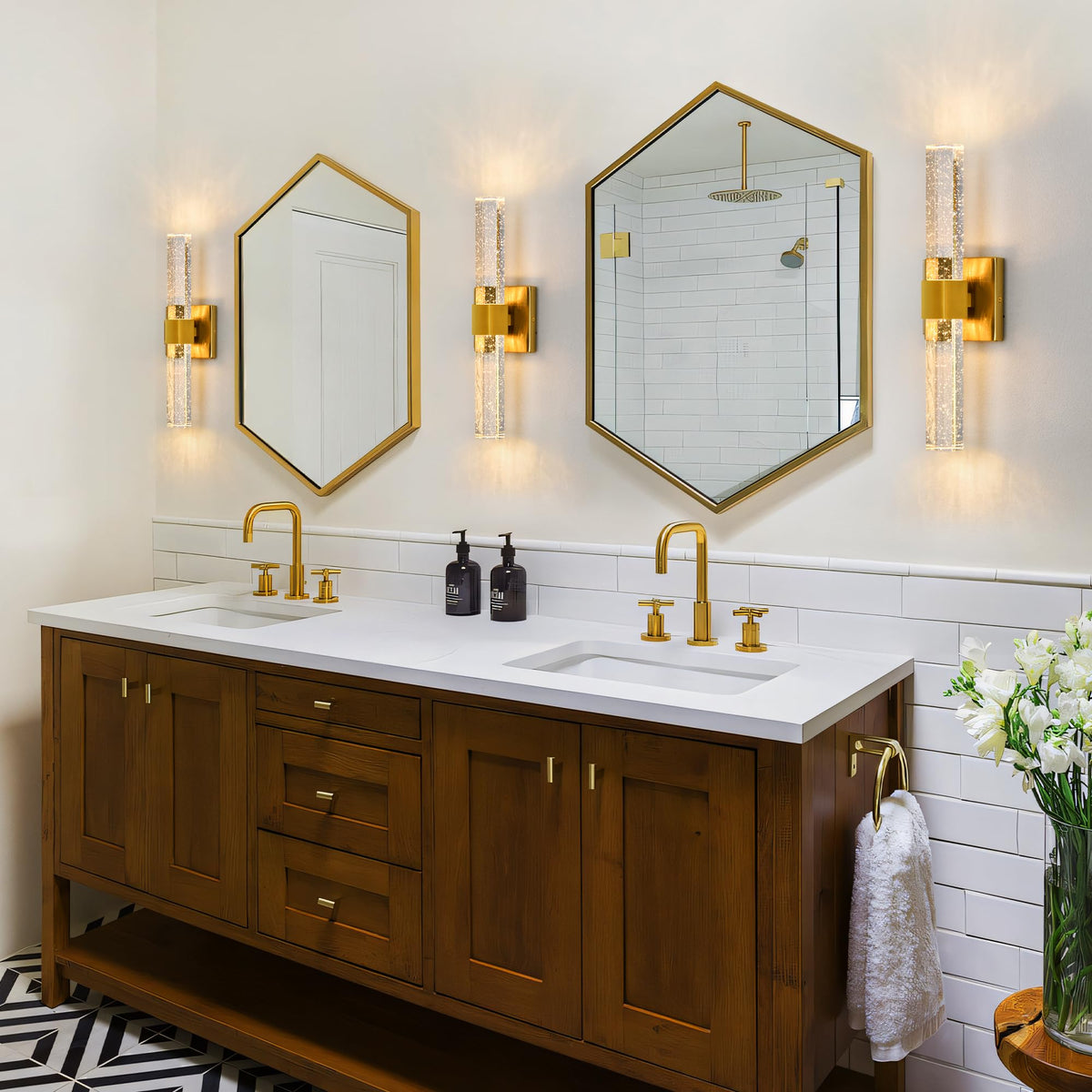 Epinl Gold Wall Sconces Set of Two - Bathroom Sconces Wall Lighting 14W Dimmable LED Crystal Wall Light with Bubble Glass 15.7inch Indoor Vanity