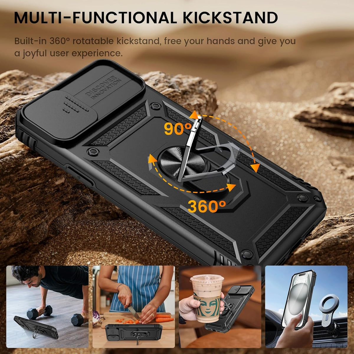 Goton iPhone 15 Plus Case - Heavy Duty Shockproof Bumper with Slide Camera Cover & Screen Protector, Black