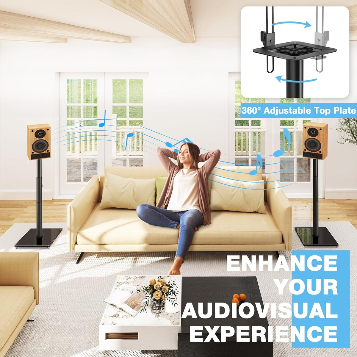 Rfiver Bookshelf Speaker Stands Pair, Height Adjustable Rear Speaker Stands from 32" to 43" with 360° Swivel, 11 lbs Capacity, Set of 2 for Satellite & Small Bookshelf Speakers