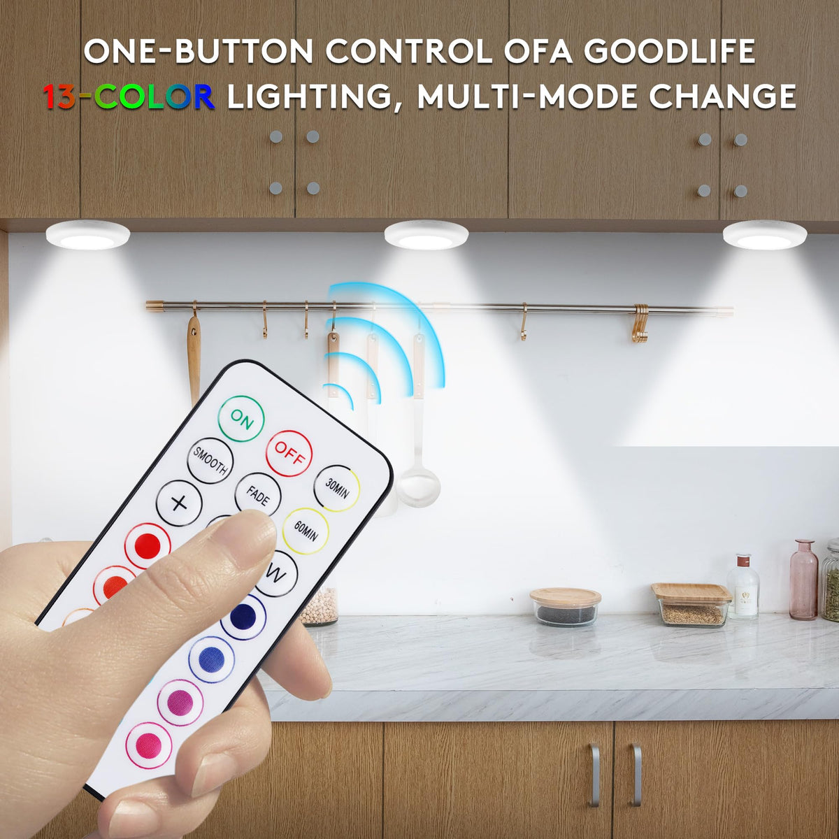 SIXDEFLY LED Puck Lights With Remote, 13 Colors RGB Dimmable Under Cabinet, Battery Powered Color Changing, Party Atmosphere for Kitchen Closet