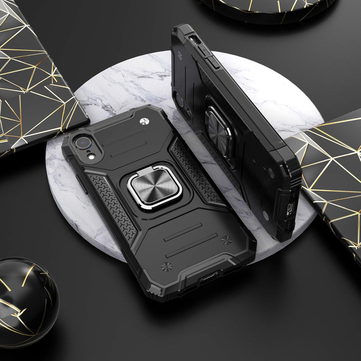 iPhone XR Case with Screen Protector, Shock Absorption Heavy Duty Cover with Kickstand, Black