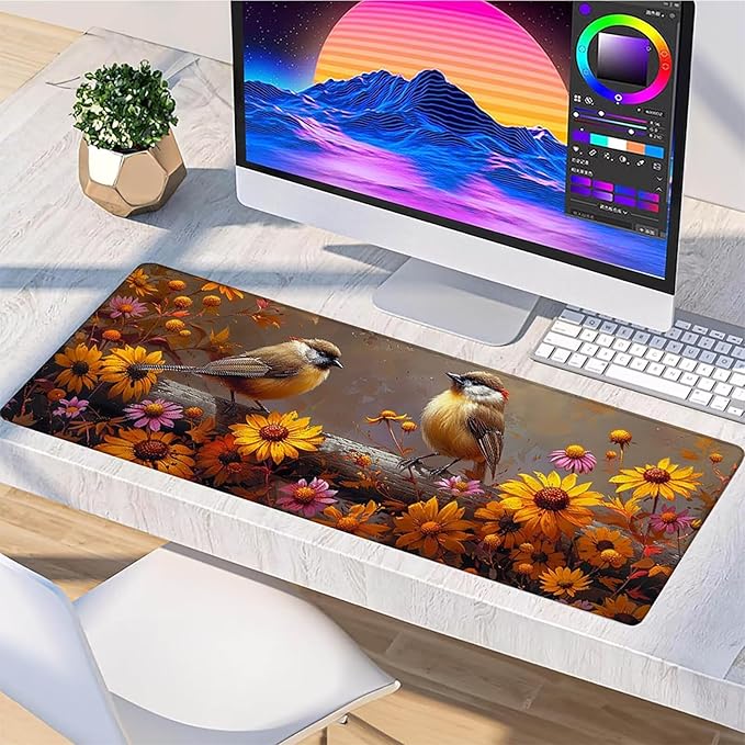 Yellow Mouse Pad Large 40x16 in Gaming Mousepad with Non-Slip Rubber Base Waterproof Smooth Surface Desk mat Extended Desk Mat with Stitched Edges Computer Accessories Gifts for Men Bird 3-4328