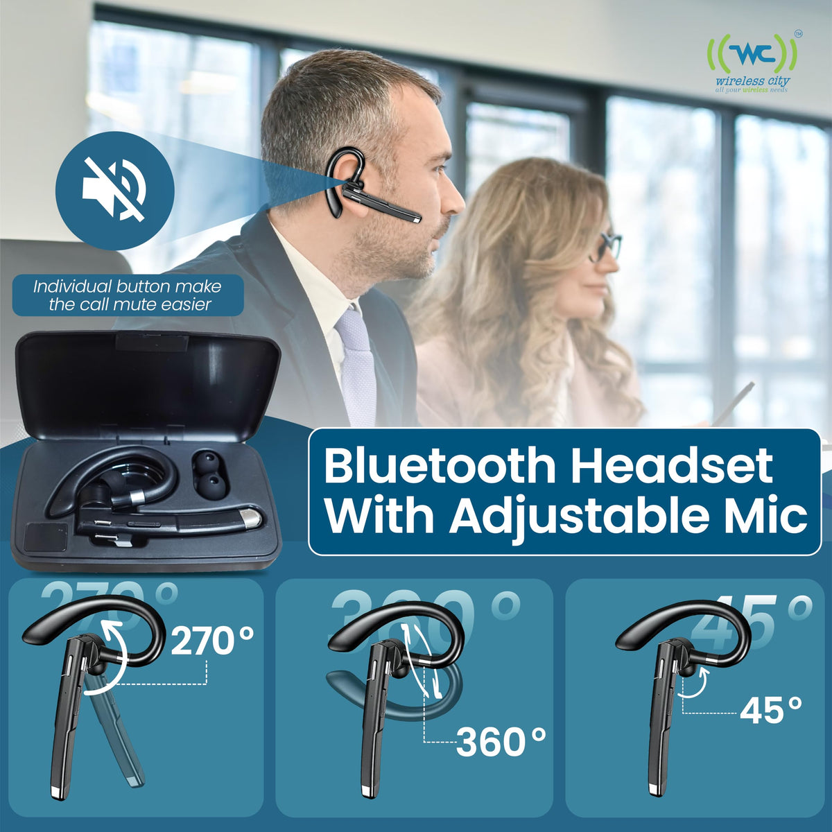 Wireless Bluetooth Headset with Mic, Noise-Cancelling Earpiece with 500mAh Charging Case - Up to 72H Talk Time - Clear HD Sound for Truck Drivers