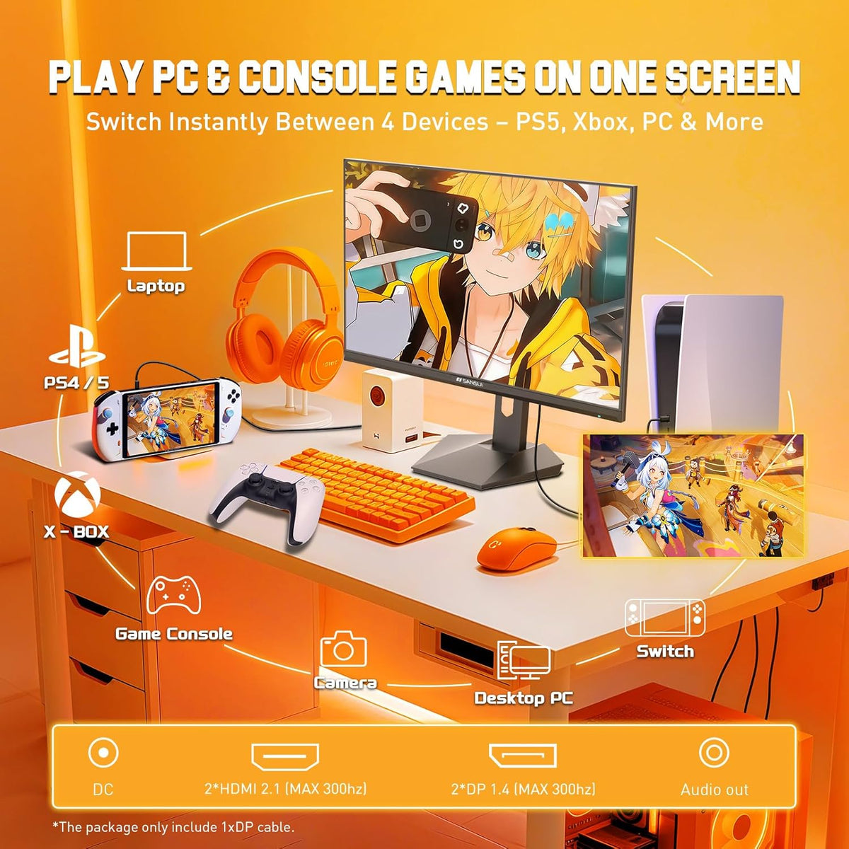 SANSUI 27 inch WQHD 2560x1440 300Hz 240Hz Gaming Monitor, FastIPS 1ms Computer Monitor, FreeSync Premium|Brightness 400Nits| 130% sRGB | 10Bits | HDR | ErgoStand | VESA Mount |2×DP 1.4 & 2×HDMI 2.1