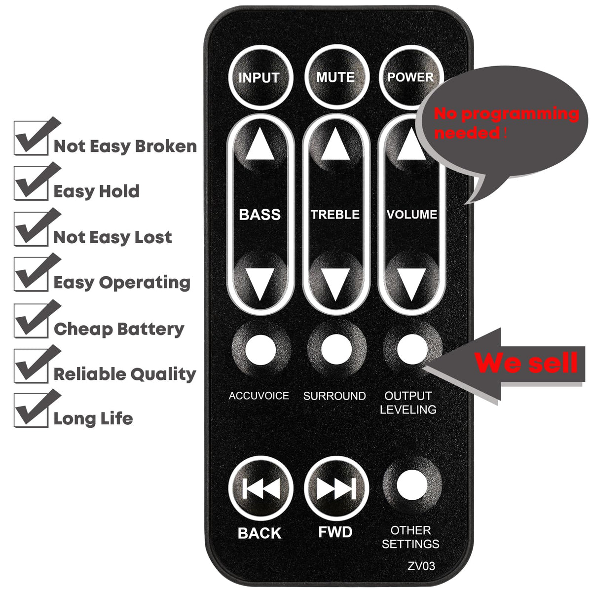 Replacement Remote Control for ZVOX Sound Base Soundbase Omni Z-Base 220 320 330 350 420 440 450 550 555 580 670 770 SoundBar TV Speaker (with