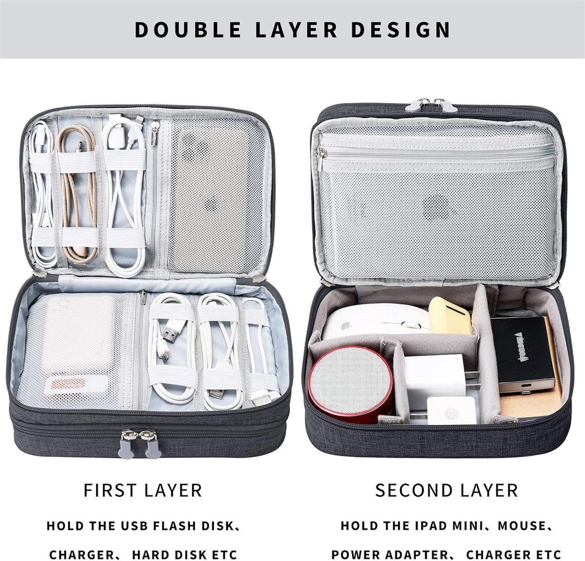 MIRLEWAIY Double-Layer Travel Cords Organizer Case for Electronic Accessories, Charger Cables, USB Sticks, Black