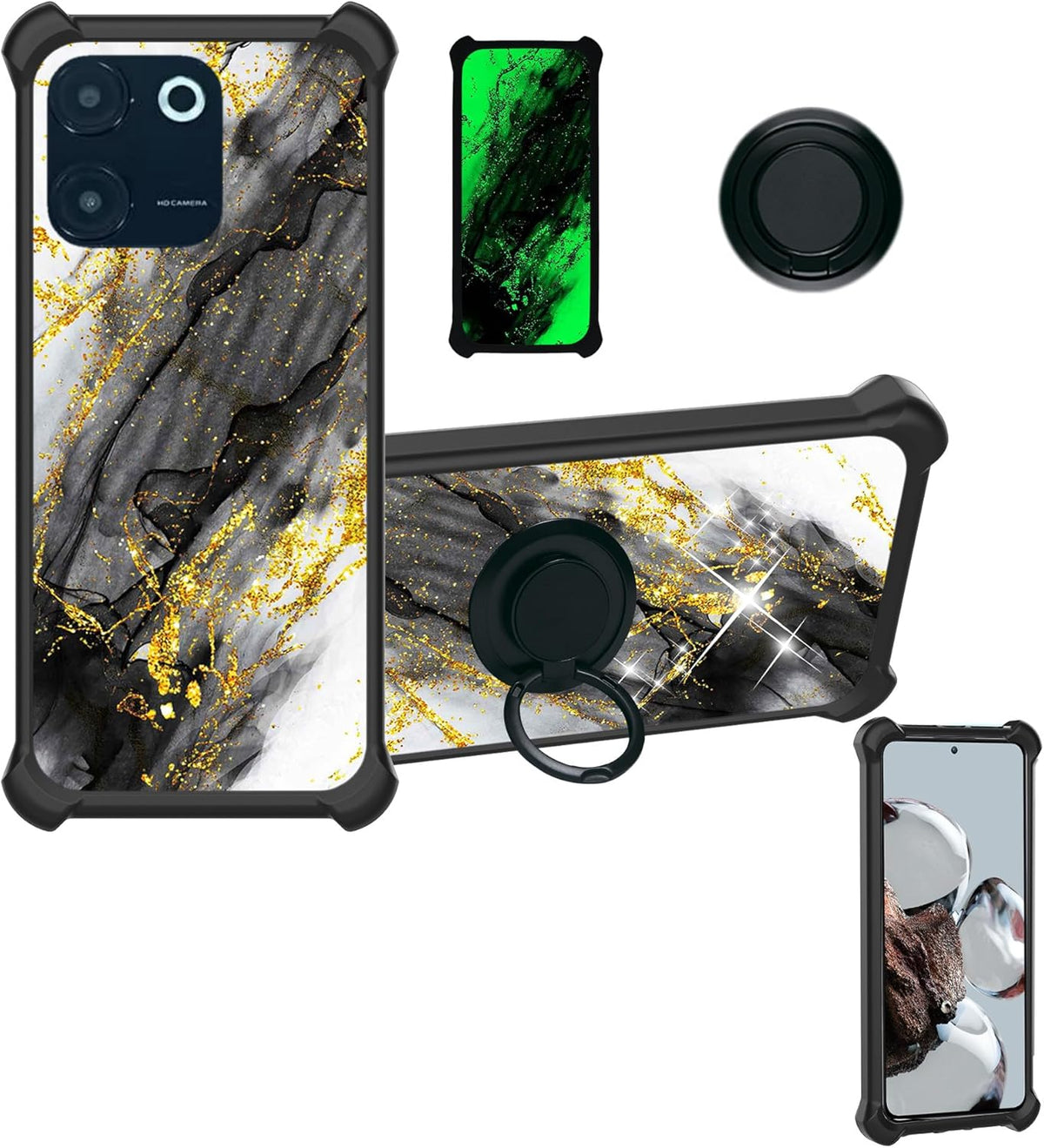 Vortex CG65 Phone Case Cover Compatible with Vortex CG65 [Hard PC + Soft Silicone][Ring Support] [Gold Glitter+Luminous]
