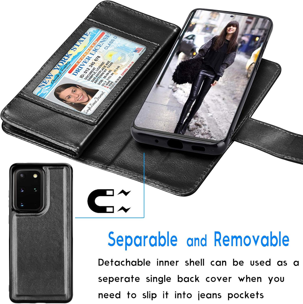 Tekcoo Wallet Case for Samsung Galaxy S20 Plus, Luxury PU Leather with Cash and Credit Card Slots - Black