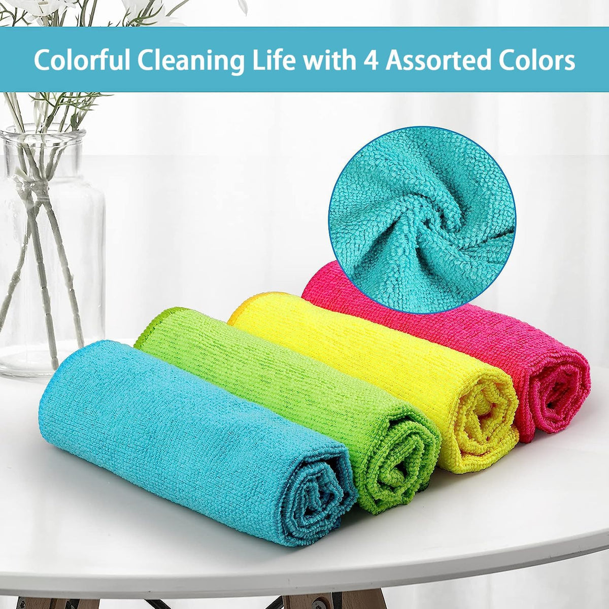 HOMEXCEL Microfiber Cleaning Cloth,100 Pack Cleaning Rags, Cleaning Towels with 4 Color Assorted, 11.5"X11.5" Shop Towels (Green/Blue/Yellow/Pink)