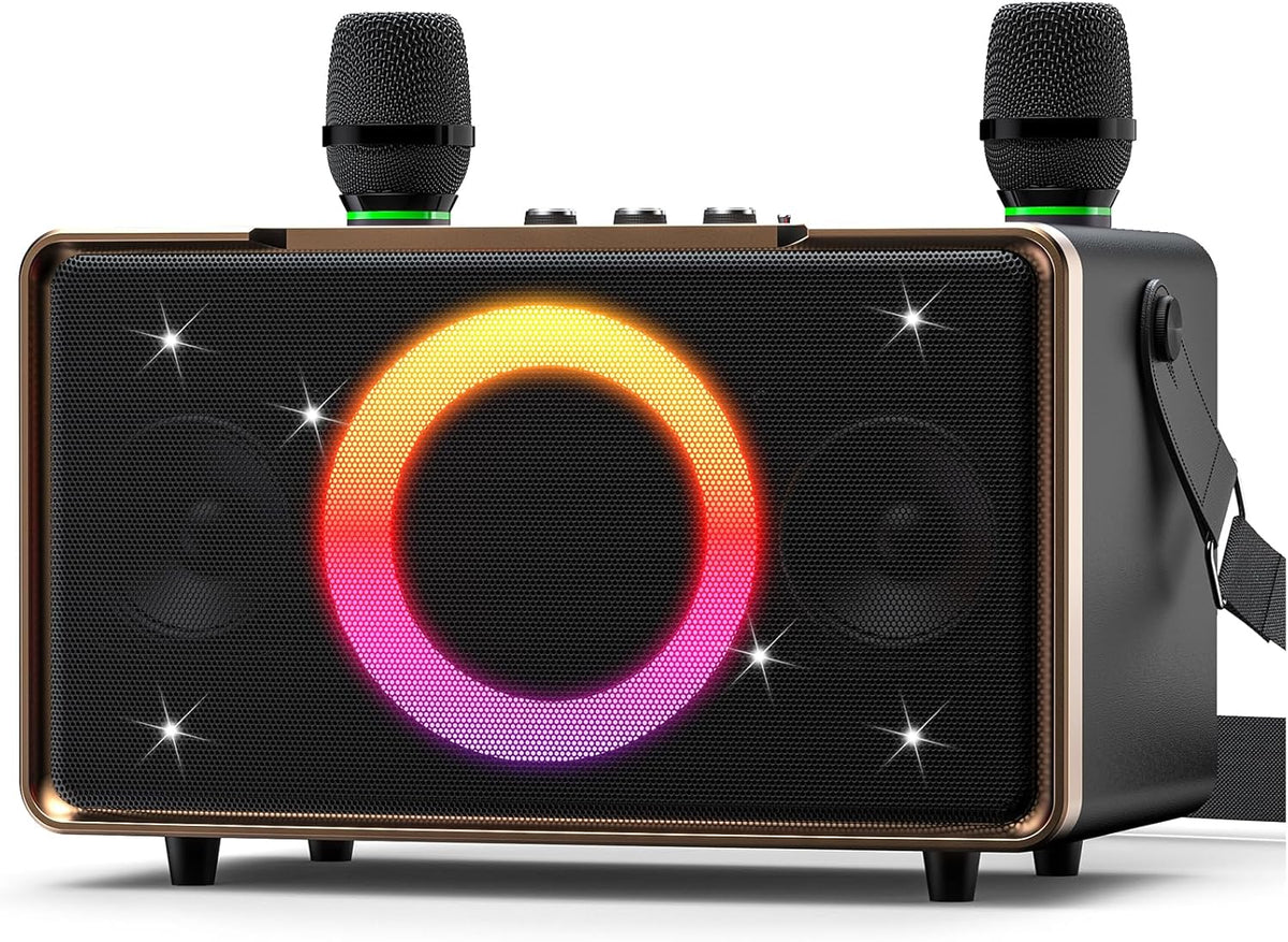 GFEEN Portable Bluetooth Speaker: 100W(160W Peak), 15H Playtime, Wireless Speakers with Microphone, 5″ Subwoofer, Loud Sound, Light Show, Fast Charging for Outdoor, Party, Backyard(Gold with 2Mic)
