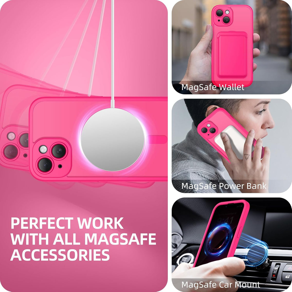 BERFY Magnetic for iPhone 14 Case, Compatible with MagSafe, Built-in Privacy Screen Protector and Upgraded Camera Protection, Anti-Spy Full Body Shockproof Phone Case for 14 6.1", Hot Pink