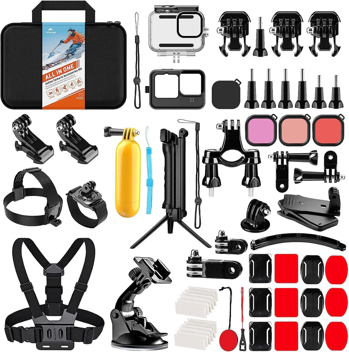 HONGDAK Action Camera Accessories Kit for GoPro Hero 13 12 11 10 9 Black, Waterproof Housing+Silicone Case+ Adjustable Arm+Head Chest Wrist Strap+Bike Mount+Suction Cup+Floating Grip Bundle Set 63in1