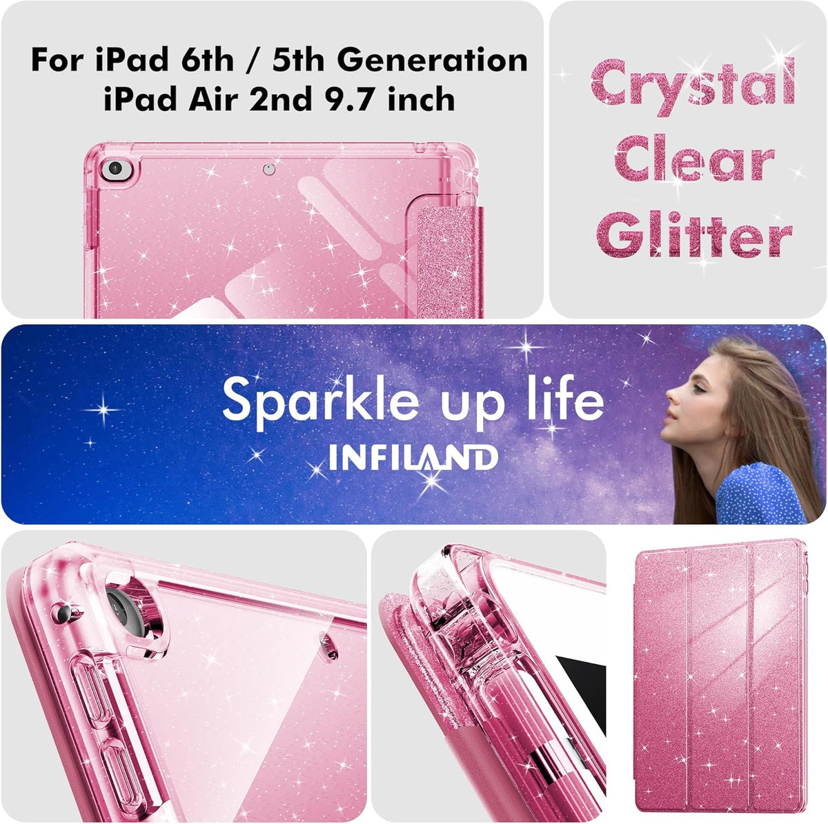 INFILAND 6th/5th 9.7 Inch 2018/2017, 2 Case for iPad Generation iPad Air Cute Glitter Clear Protective Cover for Kids