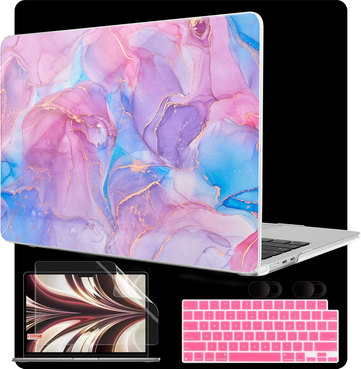 MEEgoodo Case for MacBook Air M4/M3/M2 13.6 inch 2025 2024 2022, Fit Model A3240 A3113 A2681, Compatible with MacBook Air 13 inch, Laptop Hard Shell Case with Keyboard Cover, Pink Marble Texture