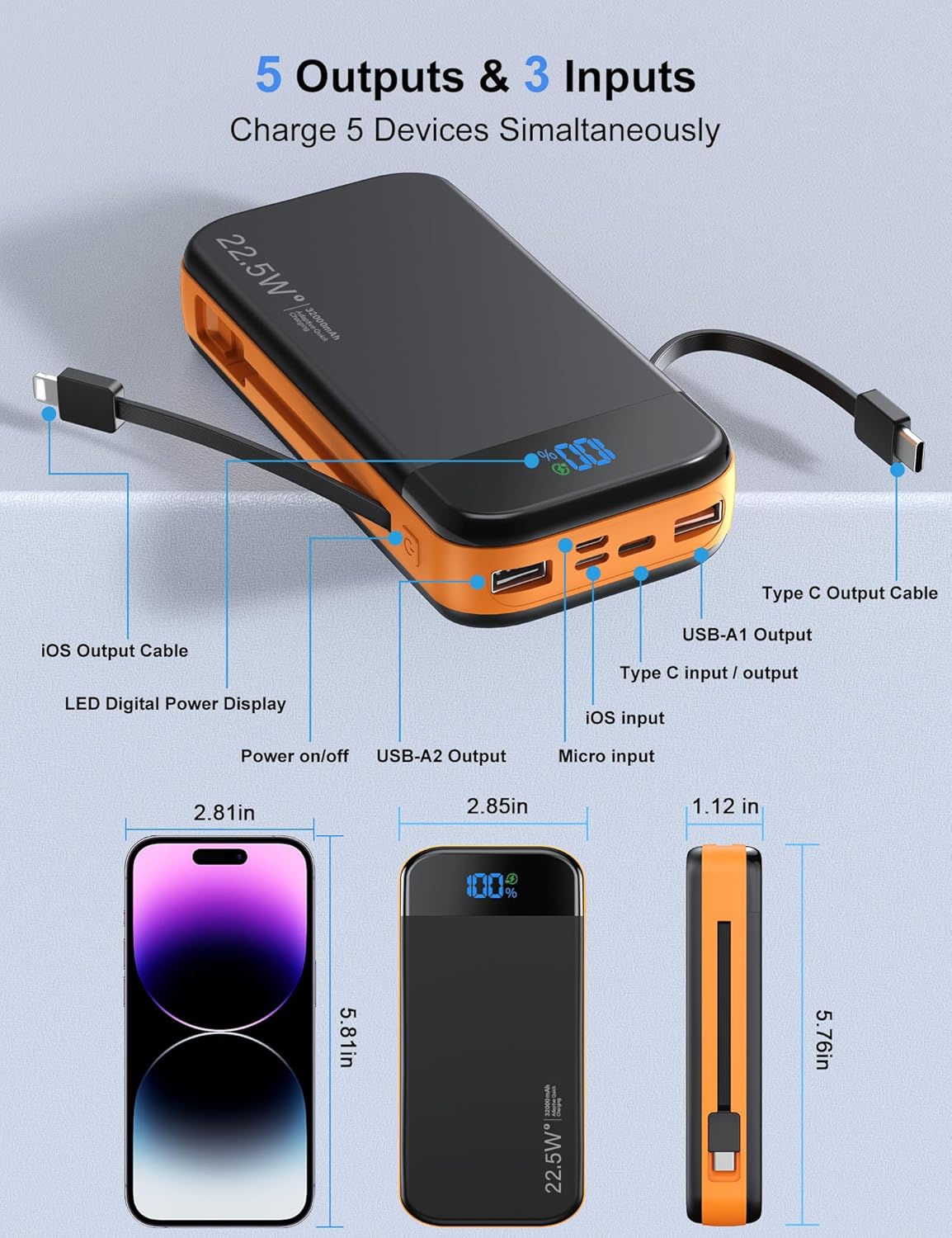 Portable Charger Power Bank 32000mAh with Built in Cables, PD3.0 USB C Fast Phone Charger, 5 Outputs LCD Display Travel Battery Pack Compatible with iPhone, Samsung All Cell Phones (Orange)