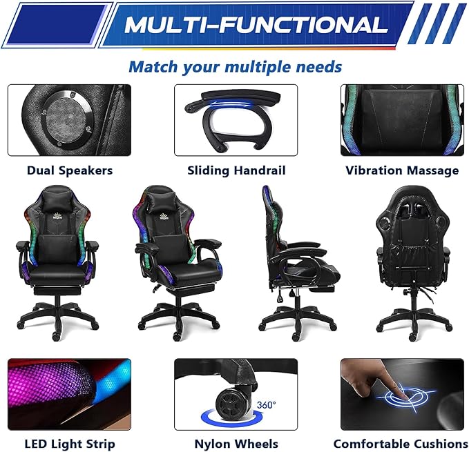 RGB Gaming Chair with Massage and Footrest Large Ergonomic Computer Desk Chair Video Gaming Chair with Speakers and Lumbar Support Height &amp Angles Adjustable Reclining Gamer ChairPink