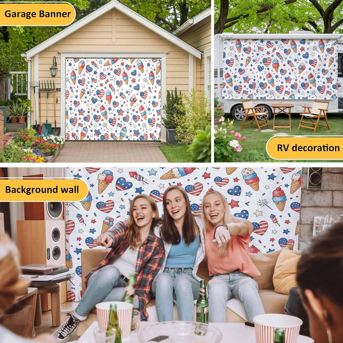 GNAKT AREWG 13x6ft Seamless Garage Door Banner Cover USA Patriotic Ice Cream Garage Door Decoratons Banner for Indoor